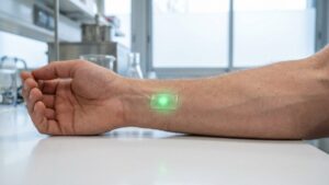 An engine light for men... This luminous implant under the skin lights up when something is wrong inside you