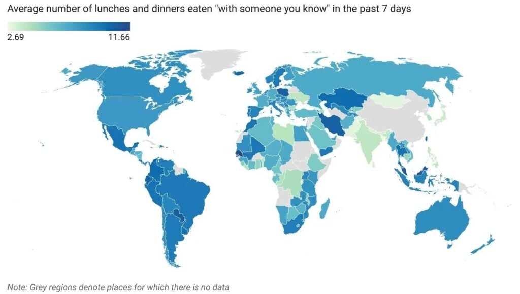 Average quality of life rating based on number of meals shared in the previous week (Gallup World Poll, 2022-2023)