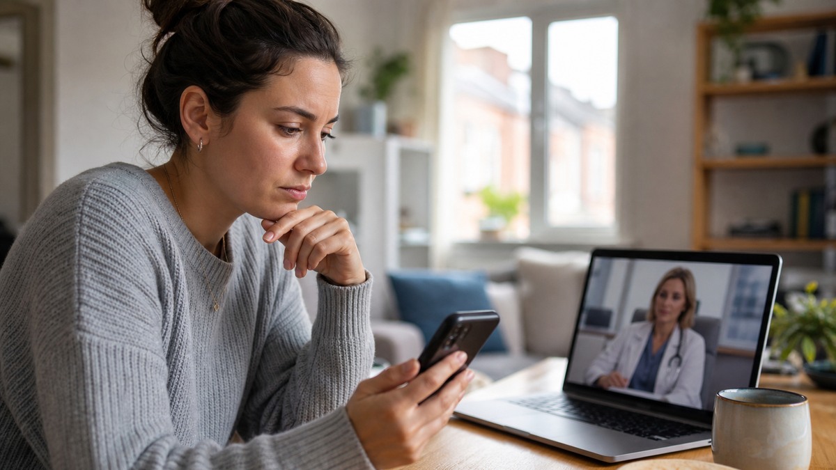 A woman carefully checking online health information before a medical consultation
